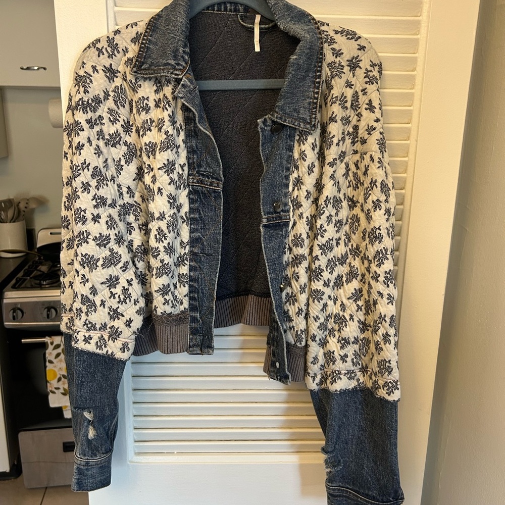 Free People Blue and White Jean Jacket